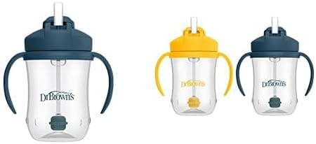Dr. Brown's Milestones Baby's First Straw Cup, Training Cup with Weighted Straw, 9 oz/270 mL, BPA-free, 6m+, Dark Blue/Vintage Yellow, 3-Pack