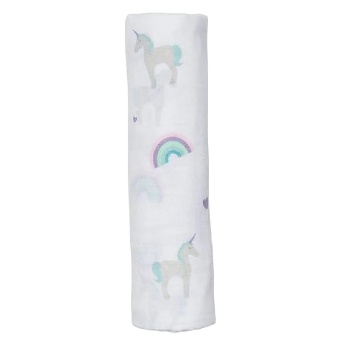 Lulujo Baby 100% Cotton Muslin Swaddle Blanket, 47 x 47-Inches, Rainbows and Unicorns