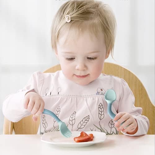 Toddler Utensils with Travel Case, Baby Spoon and Fork Set for Self-Feeding Learning Bendable Handle Silverware for Kid Children (2 Set, Yellow&Green)