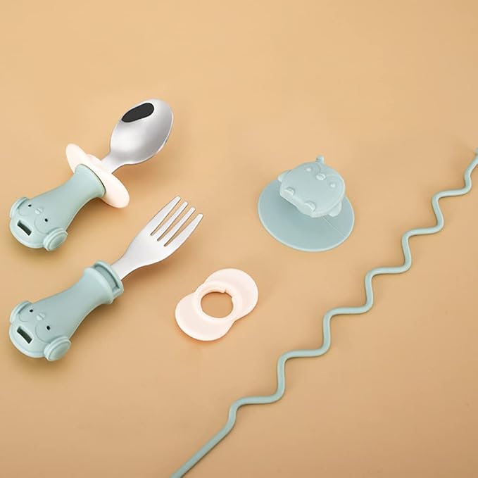Zerodeko 1set Fork and Spoon Training Utensils Cup and -Drop Chain for Toddlers for First Stage Weaning