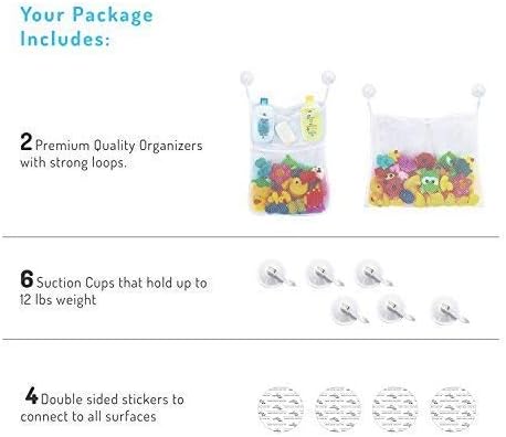 2 x Mesh Bath Toy Organizer + 6 Ultra Strong Hooks ??The Perfect Bathtub Toy Holder & Bathroom or Shower Caddy ??These Multi-use Net Bags Make Baby Bath Toy Storage Easy ??For Kids & Toddlers