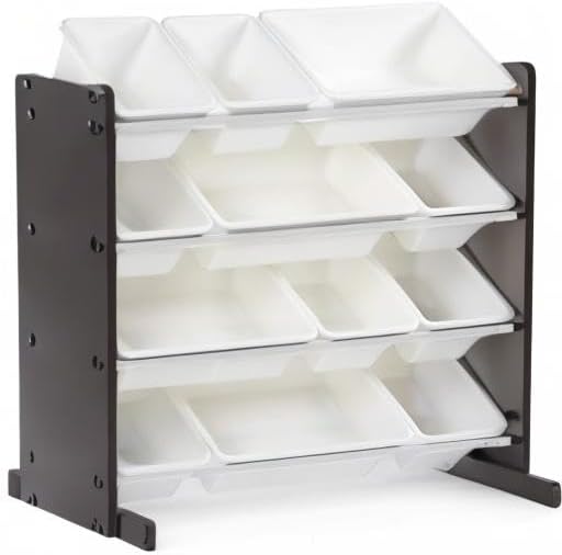Humble Crew Kids Toy Storage Organizer with 12 Plastic Bins, Espresso/White ??Removable Bins for Playroom, Bedroom, Toddler Furniture for Boys and Girls Ages