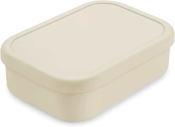 PandaEar 2 Pack Silicone Bento Lunch Box for Toddlers Kids, 3-Compartment Lunch Containers, Leak-Proof & BPA-Free, Microwave & Dishwasher Safe (Blue & Beige)