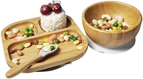 Baby Toddler Stay Put Dish, Kids Suction Plate & Bowl & Spoon, Bamboo Cute Dinnerware (Grey Set)