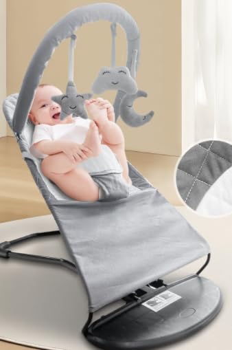 Portable Baby Bouncer Seat for Babies 0-18 Months, 100% Cotton Fabrics, Adjustable Multi Position Baby Bouncer Seat, Infant Rocker Chair with Hanging Toys-Light Grey