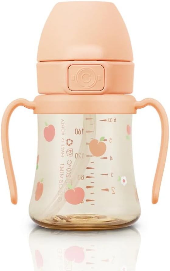 GROSMIMI Flip Top Spill Proof Sippy Cup, PPSU, BPA Free, 6 oz, Stage 2 Straw for Toddlers (Peach flower)