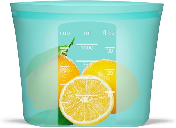 Reusable Freezer Bags Quart Size, 4 Pack, 100% Silicone Stand Up Ziplock Reusable Silicone Food Storage Bags Sandwich Bags Containers, Freezer Microwave Oven Dishwasher Safe, Aqua, 33.8fl.oz