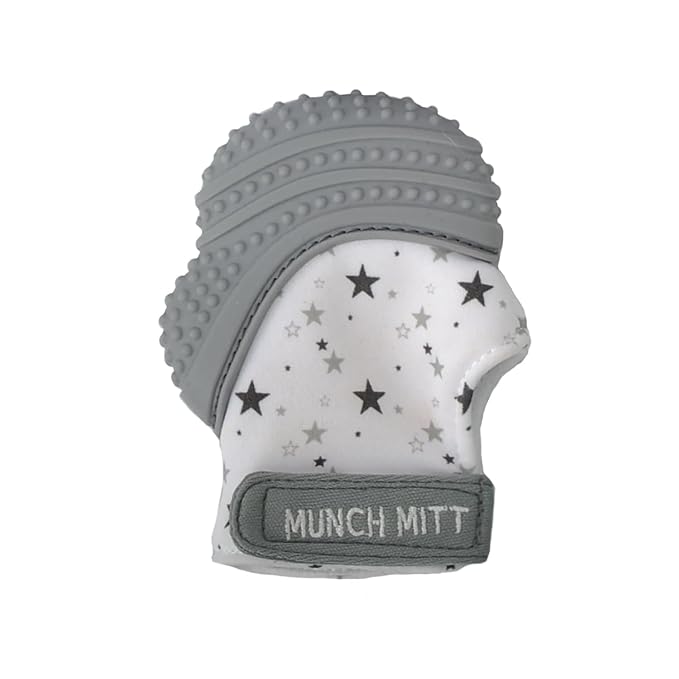 Malarkey Kids Munch Minis Combo Baby Teething Mitt Set (0-7 Months) - Anti-Scratch Newborn Mittens & Silicone Teether Gloves – Self-Soothing Chew Toy with Crinkle Sound - Grey Stars