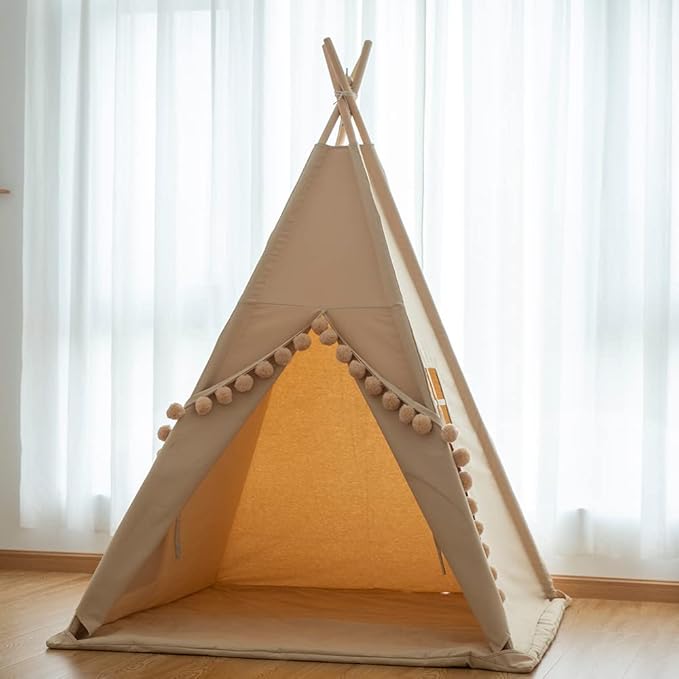 RONGFA Kids Teepee Tent with Lights &Large Pompoms & Carry Bag, Machine Washable Tent for Kids Indoor, Toddler Teepee for Girls & Boys(Without Mat)