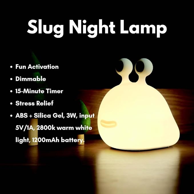 DesignNest Slug Night Light, LED Soft Silicone Touch Control Lamp, Dimmable, Auto Off Timer, Rechargeable, Sleep Aid, 80H+ Long, Squishy Night Light Toy, Kids, Toddler, Nursery, Bedroom, Gift