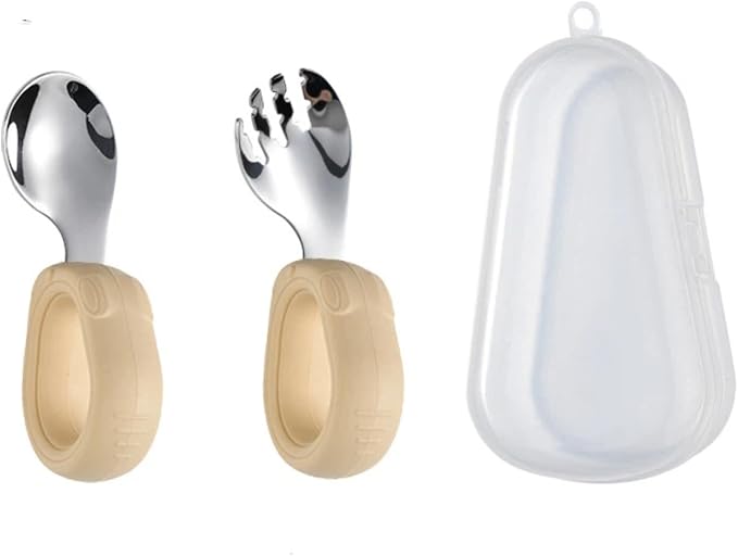 Silicone handle, 304 stainless steel training spoon, learning to eat, elbow fork, auxiliary food spoon