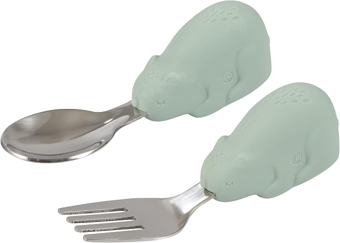 Tiny Twinkle Easy Grip Toddler Utensils Spoon and Fork Set - BPA & Phthalate Free Utensil Sets, Kids Silverware With Silicone Handle, Baby Led Weaning Supplies for 12 Months & Up (Sage Bear)