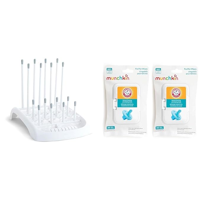 Munchkin Fold Baby Bottle Drying Rack, Arm & Hammer Pacifier Wipes 2 Pack Cleaning Bundle