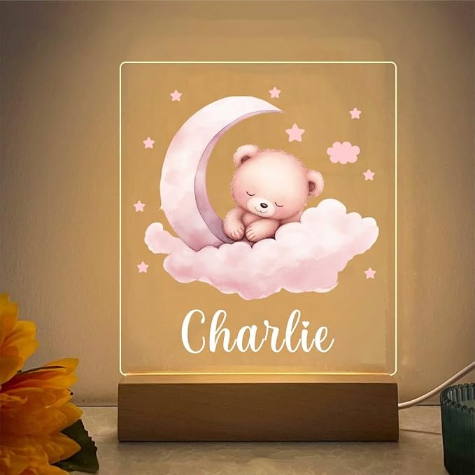 Custom Name Baby Night Light, Adorable Animal Pattern LED Nursery Lamp, Thoughtful Personalized Gift for Newborn Boy & Girl, Acrylic Bedside Decor (Bear)