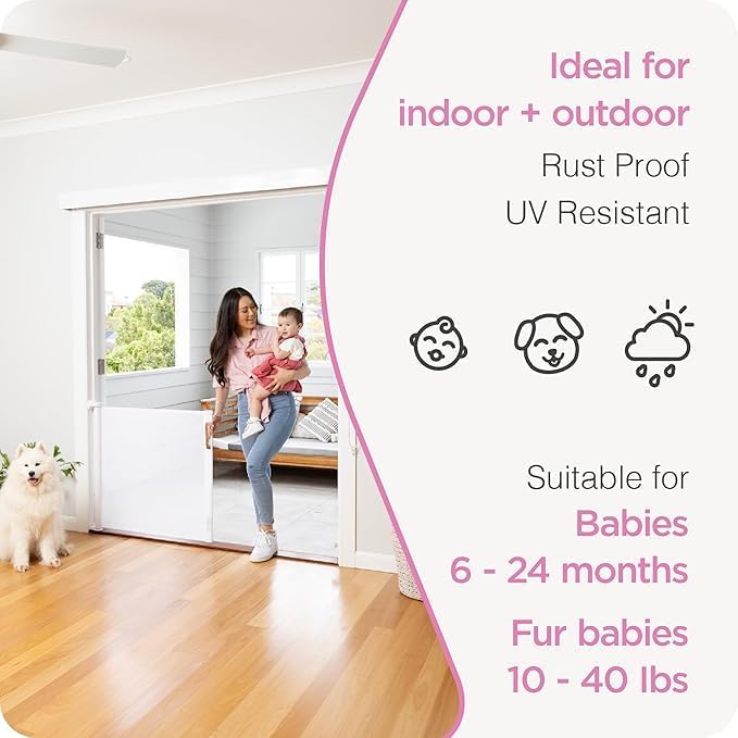 Retractable Baby Gate Perma Child Safety 33" Tall x 71??Wide, Mesh, for Stairs, Doorways, Dogs, Pets, Indoor, Outdoor, One-Handed Operation, Locking, Easy Install, Hardware Mount, White