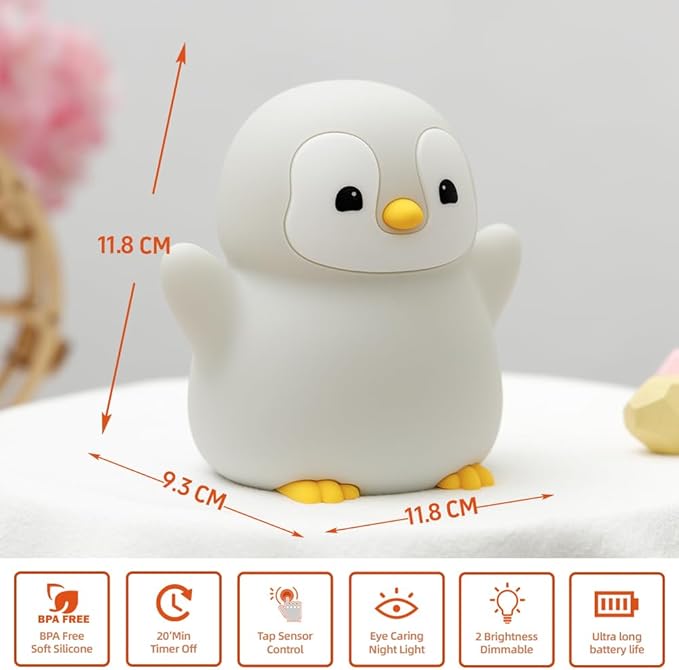Penguin Night Light for Kids, Cute Squishy Lamp Rechargeable Night Lamp, Penguin LED Novelty Bedside Light, 2 Level Dimmable, Silicone Nursery Table Lamp Room Decor, Nightlights Gifts for Girls Boys