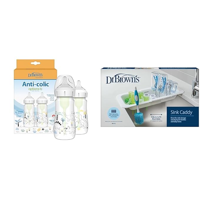Dr. Brown's Anti-Colic Options+ Wide-Neck Baby Bottles, Dino Decos, 9oz, 2-Pack + Dr. Brown's Sink Caddy for Baby Bottles and Parts Over The Sink Kitchen Storage, Drying Rack, and Organizer, BPA-Free