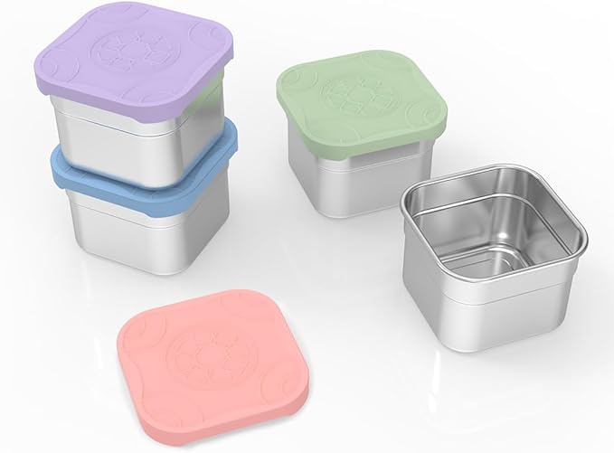 Caperci 4-Pack Stainless Steel Snack Containers with Silicone Lids - 4.7oz Reusable Small Food Containers for Snacks Condiments, Salad Dressing Container, Leak-Proof, BPA-Free