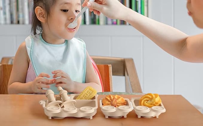 Baby Suction Plate Silicone, 5 Piece Baby Feeding Set - Non Slip Unique Trains Toddler Plates with Fork Spoon, Kids Baby Weaning Plate for No More Meal Time Mess (Beige)