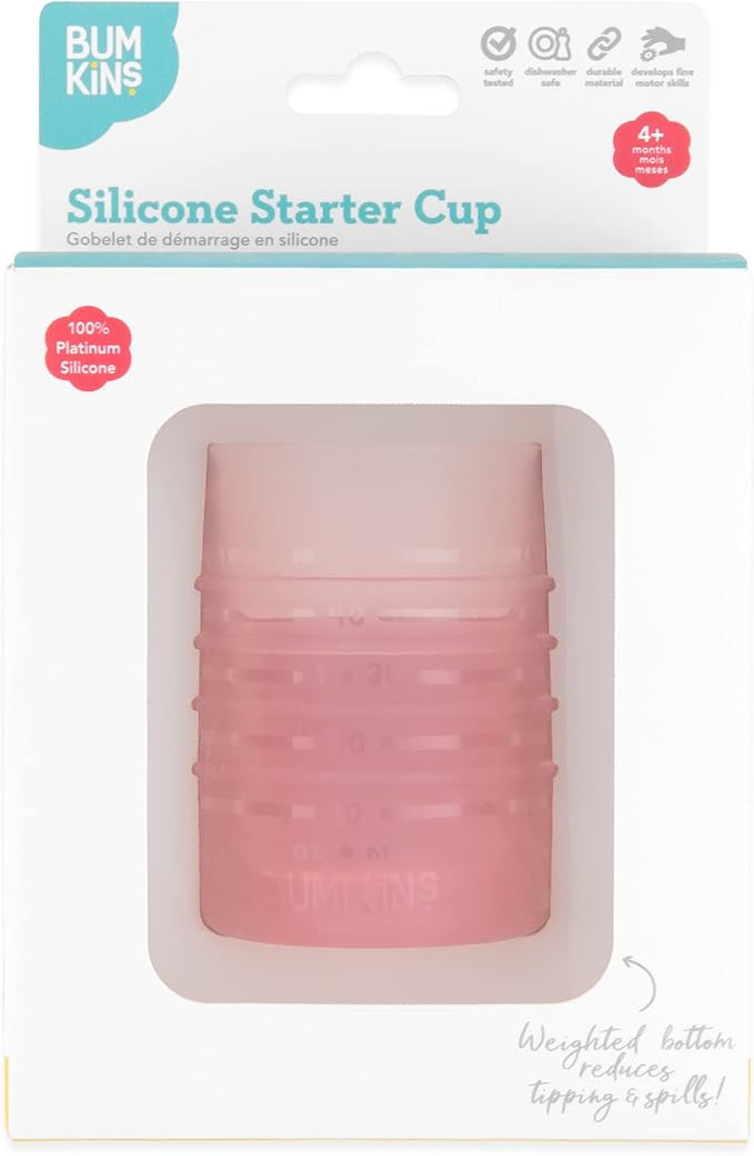 Bumkins Baby and Toddler Cups, Sip Cup, Spill Proof Training Drinking for Babies Ages 4 Months, Tip Proof, Platinum Silicone Starter Cup, First Year Learning Supplies, Easy to Hold, Holds 2oz, Pink