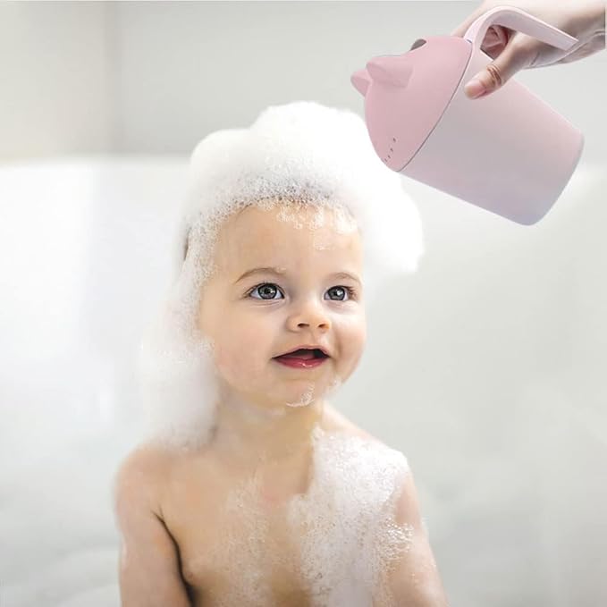 Control The Flow Baby Rinse Cup Cute Cartoon Cat Baby Rinser to Wash Hair and Body Pail Shampoo Rinser Rinser-Cup for Bath Time with Easy Grip Handle and 7 Water Outlets Green
