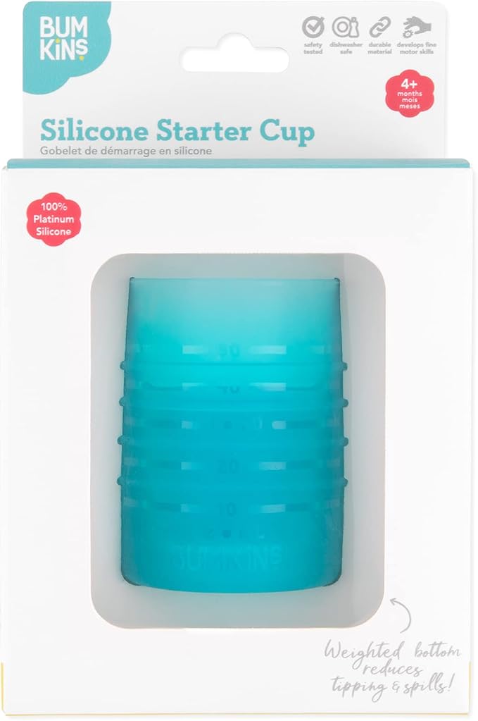 Bumkins Baby and Toddler Cups, Sip Cup, Spill Proof Training Drinking for Babies Ages 4 Months, Tip Proof, Platinum Silicone Starter Cup, First Year Learning Supplies, Easy to Hold, Holds 2oz, Blue