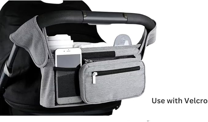 Universal Stroller Organizer with Insulated Cup Holder, Detachable Phone Bag, Shoulder Strap ??Fits All Stroller Types, Keeps Drinks Hot/Cold (Grey)