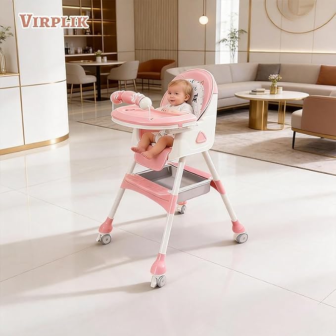 Foldable 4-in-1 Baby High Chair for Babies & Toddlers, High Chair with Detachable PU Cushion, Removable Tray, Adjustable Height, Locking Wheels,Pink