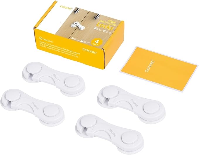 Adoric Cabinet Locks Baby Proofing (4-Pack) - Child Proof Safety Locks for Kitchen Drawers, Closets & Storage - No Drilling, Strong Adhesive Design for Toddler Protection (White)