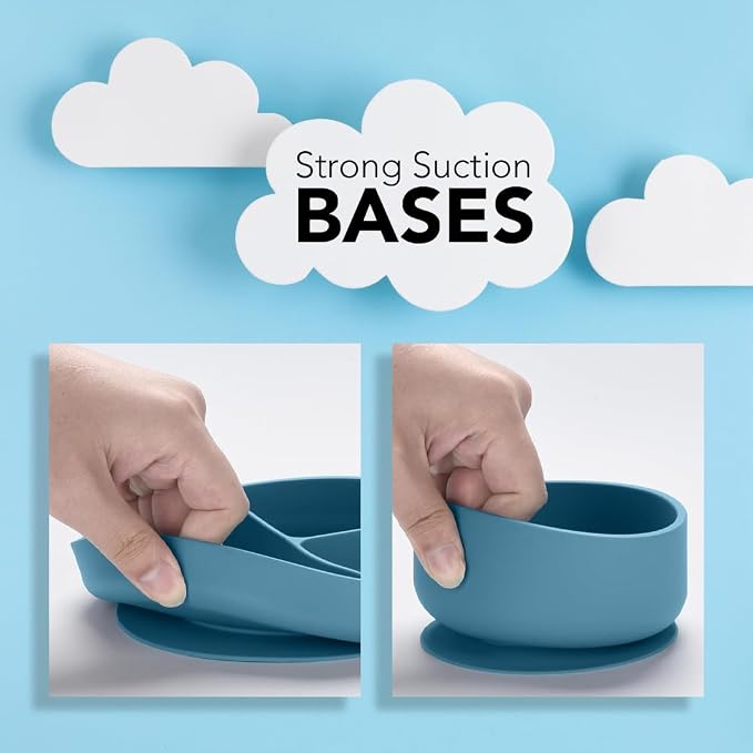 Silicone Baby Feeding Set Whimsy Blue Infant Tableware Collection with Bib Suction Bowl Utensils Straw Cup Snack Container