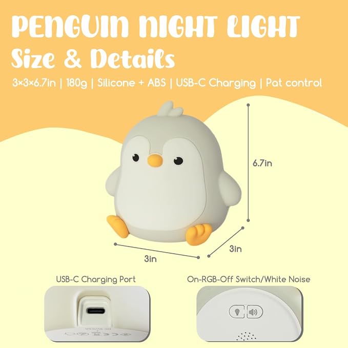 LEDHOLYT Cute Penguin Night Light for Kids, 3 Adjustable Brightness Levels & 6 White Noise Sounds,Rechargeable Variable Color Penguin lamp Gifts,Cute Room Decor Night Light for Kids Girls Boys