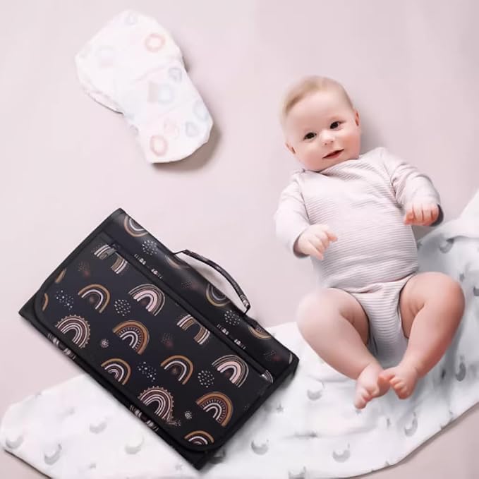 Portable Diaper Changing Station, Expandable Baby Diaper Bag, Compact Diaper Changing Travel Bag with Wet Wipe Pocket, Waterproof Baby Travel Station Set with 2 Bibs (Black)