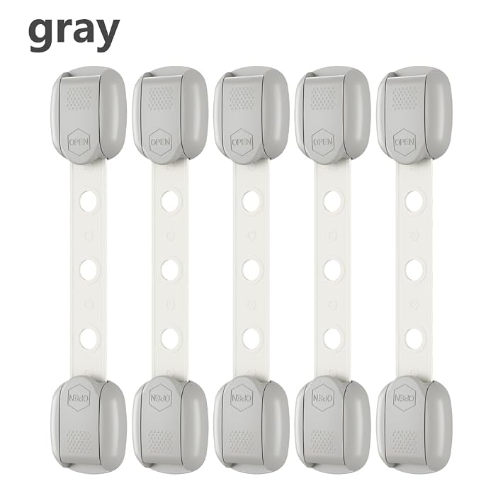 Child Safety Strap Locks (10 Pack) Baby Locks for Cabinets and Drawers, Toilet, Fridge & More. Adhesive Pads. Easy Installation, No Drilling Required, White/Gray (Gray, 10 pcs (Pack of 1))