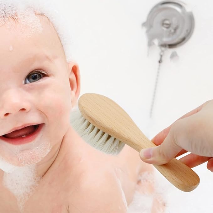 Baby Hair Brush with Wooden Handle and Comb Set for Newborns & Toddlers | Natural Soft Goat Bristles l Wood Comb l Rose Red Cradle Cap Brush | Ideal for Cradle Cap (3 Piece)