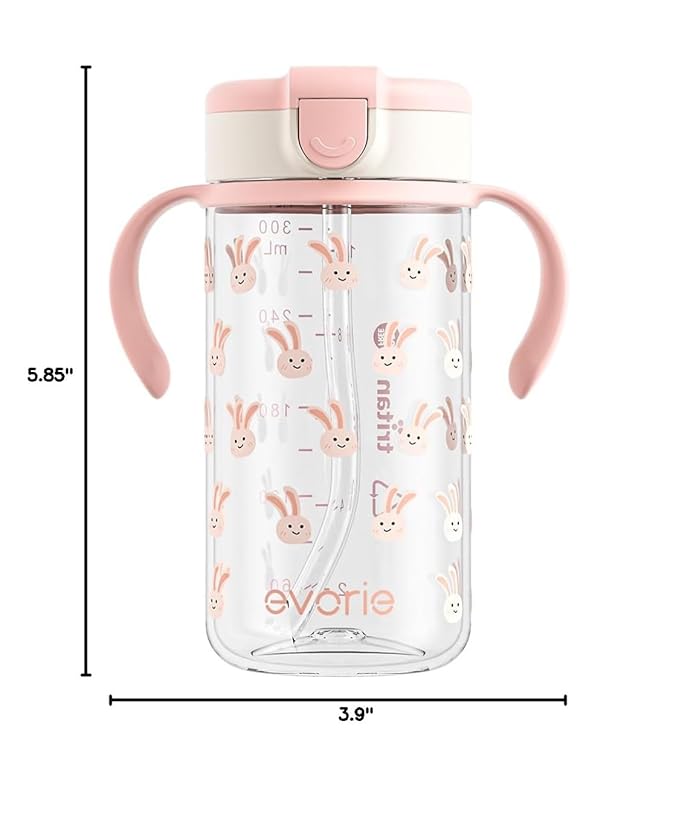 Evorie Tritan Spill Proof Toddler Straw Sippy Cup, 10 oz for Baby and Toddlers 1-3 Years Old, No Spill Straw Water Bottle with Removable Handles, Ideal for School, BPA-Free, Pink Rabbit