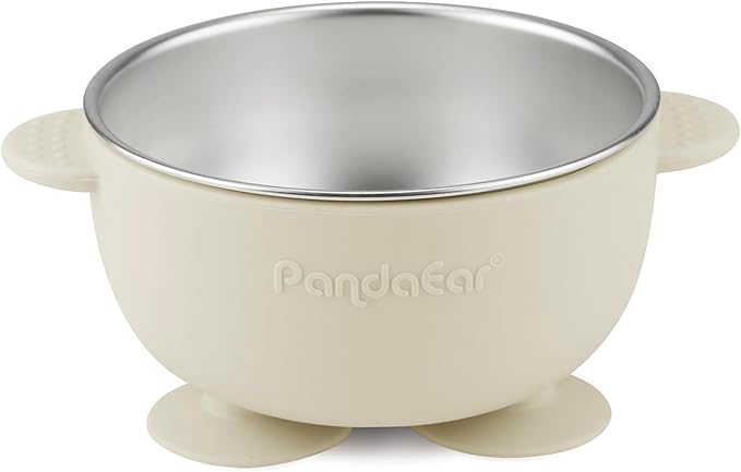 PandaEar 3 Pack Stainless Steel Suction Baby Bowls & 3 Baby Feeding Spoons | Non-Slip Stay Put Bowls & Soft Silicone First Stage Spoons for Toddlers, BPA-Free Baby Led Weaning Set (Pink White)