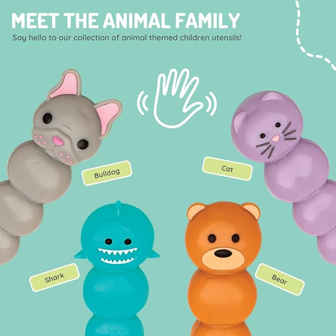 melii Toddler and Kid Feeding Spoon & Fork Set, Stainless Steel ??Bulldog, Cat, Shark, Bear??BPA Free, Dishwasher safe (Bear & Shark 4pc)