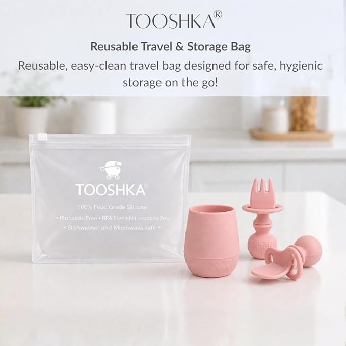 Tooshka® Baby Utensil Set (3 pcs) - Self Feeding Spoons and Tiny Cup - Silicone & BPA Free - Baby-Led Weaning (BLW) Supplies - Ages 6+ Months - Pink Baby Cup & Utensils
