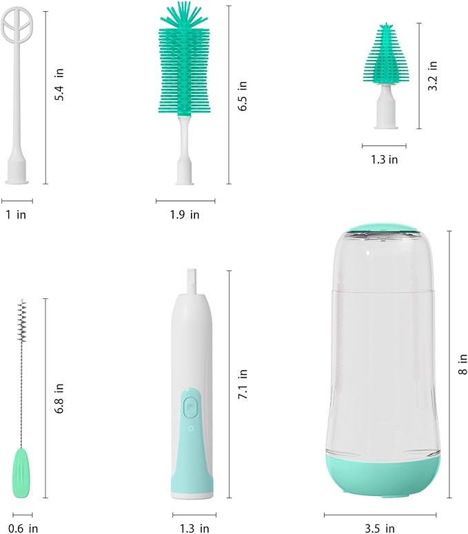 Electric Bottle Brush Cleaner, Portable Rechargeable Baby Bottle Cleaner Kit for Travel with Silicone Nipple & Straw Brush, Drainage Rack, Storage Box(Green)