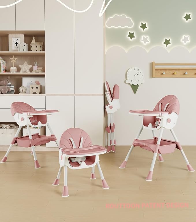 Baby High Chair, 5 in 1 High Chairs for Babies and Toddlers, Travel Foldable High Chair with Detachable PU Cushion, Double Removable Tray, Adjustable Height & Recline, Locking Wheels (Pink)