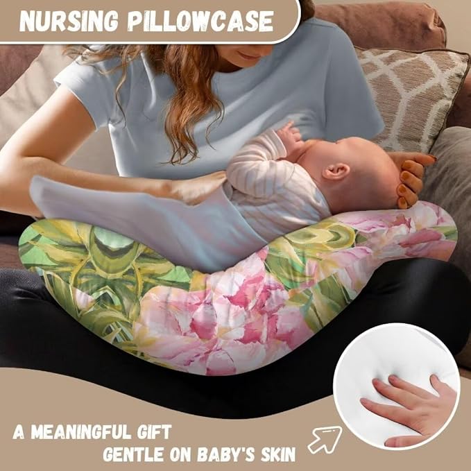 Stretchy Neutral Breastfeeding Pillow Cover Fit Standard Nursing Pillows,Ultra Soft and Cozy Nursing Pillow Slipcovers,Watercolor Pink Flowers Bunny