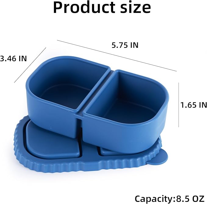 MACTANO 4 Pack Reusable Silicone Snack Containers with Lids, 8.5 oz Double Compartment Condiment Meal Prep Control Containers Portable Small Leakproof for Office Travel Picnic