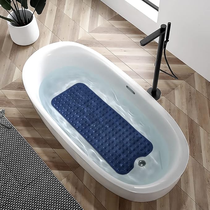 Linoows Bathtub and Shower Mats, Extra Long Non-Slip Bath Tub Mat 39 x 16 Inch, Machine Washable Bathmat with Suction Cups & Drain Holes for Bathroom Floor, Navy Blue