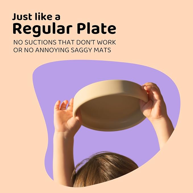 APLAINR Solid Plate, Weighted Baby Toddler Plate, Silicone Plates for Baby, No-Division Kid Plates, Microwave & Dishwasher Safe Silicone Plate for Toddlers, No BPA, Oat Cream