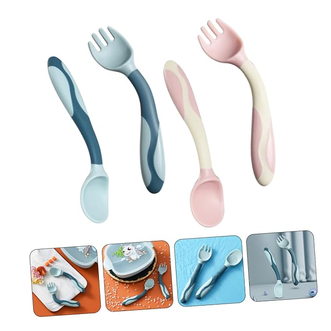 Cabilock 2 Sets Flexible Utensils Silicone Spoons and Forks with Bendable Design Lightweight Soft Weaning Cutlery for Easy Grip and Scoop Portable for Travel and Home Use