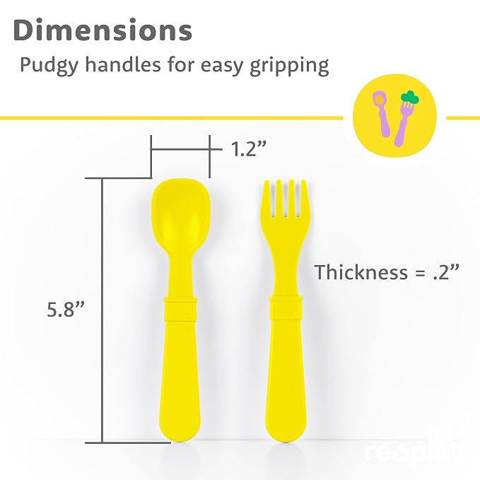 Re-Play Toddler Forks and Spoons Set - 4x4 Utensils Set for Kids - Dishwasher and Microwave Safe - Made in USA - Set of 8-5.8" x 1.2" x 0.2" - Aqua, Lime, Yellow, Teal