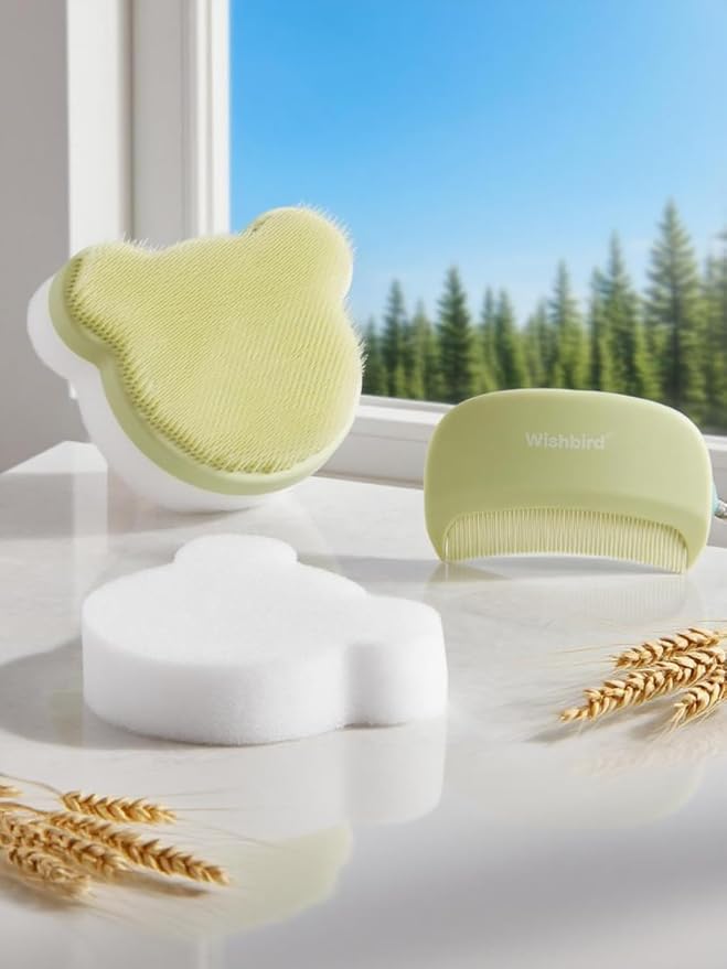 Cloud Baby Cradle Cap Brush & Baby Comb Set, 3-in-1 Cradle Cap Treatment with Soft Brush, Hair Comb & Bath Sponge, BPA-Free, Easy to Use | Infant Bath Essentials - Extra Sponge, Serene Green