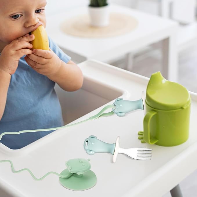 Abaodam Utensils Holder Strap with Silicone Suction Cup Stainless Steel Fork and Spoon Training for Drop Highchair Accessory Green Dining Aid