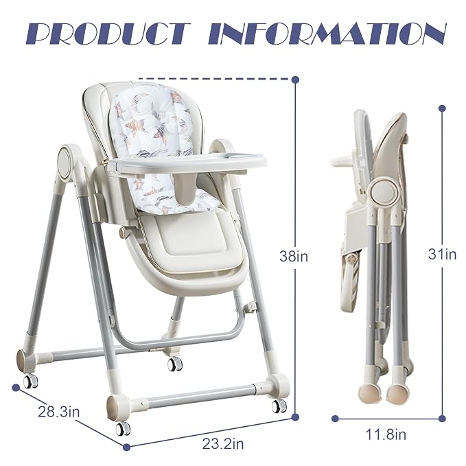 5 in 1 Baby High Chair Swing Combo - Foldable Baby High Chair with Removable Washable Soft Cushion and Tray, Adjustable Height & Recline, Lockable Wheels for 6-36 Months Infants Boys Girls