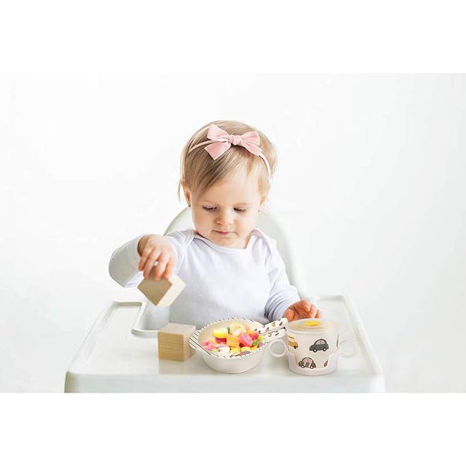 shopwithgreen 7Pcs/Set Bamboo Kids Dinnerware Set - Children Dishes - Food Plate Bowl Cup Spoon Fork Set Dishware, Cartoon Tableware, Dishwasher Safe Kids Healthy Mealtime, BPA Free